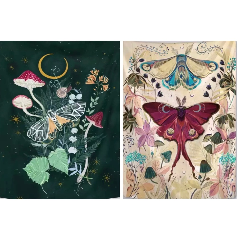 2 wall tapestries Moths & Mushrooms bohemian boho floral decor tapestry flowers